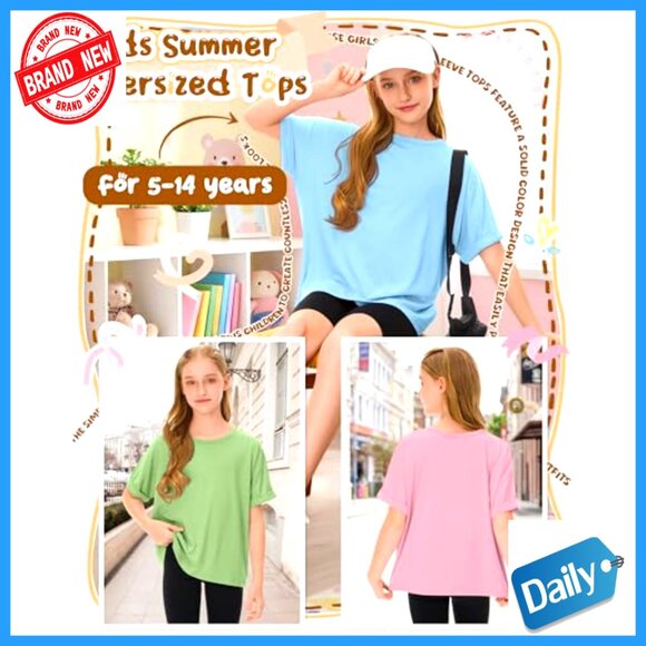 3 Pack Girls Oversized Tees Rolled Sleeve Loose Fit Summer Tops - Picture 6 of 7